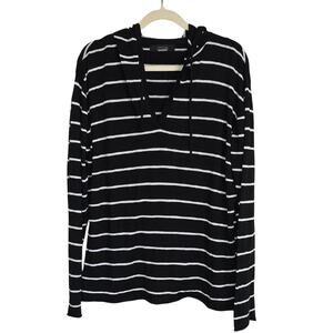 Zara Man Sz XL Black /White Stripe Flax Blend Y2K Preppy Drawstring Hoodie